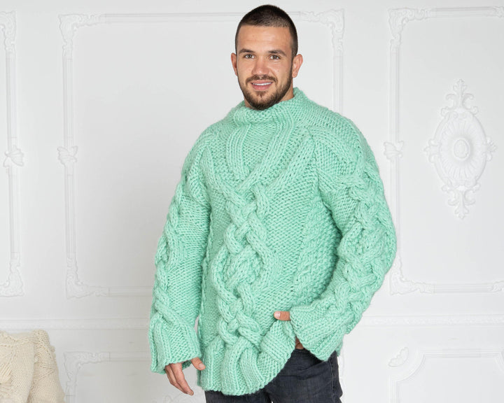 Mint Green Cable Knit Sweater – 3-Strand Hand-Knitted Wool Turtleneck for Men T626M