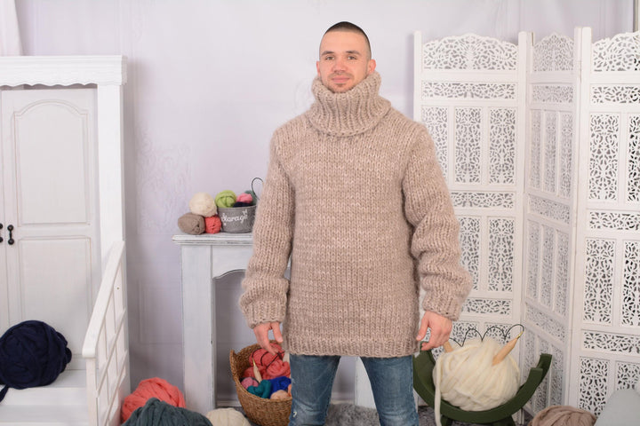 Beige Chunky Knit Sweater – Hand-Knitted Mohair and Wool Blend Turtleneck T704M