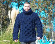 Pull Bleu en Grosse Maille – Pull Oversize à Torsades Tricoté Main pour Hommes T658M