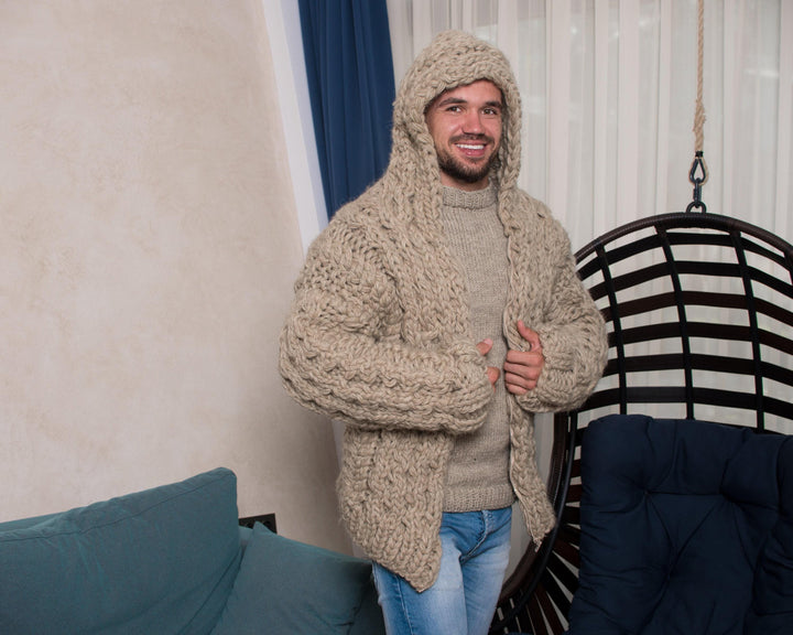 Hand-Knitted Wool Cardigan – Chunky Oversized Aran Honeycomb Knit Jacket T805M