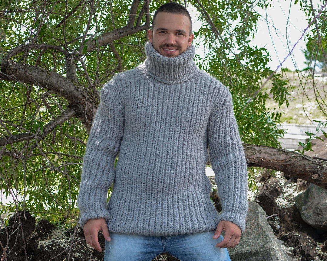 Gray Wool Sweater – Hand-Knitted Ribbed Fisherman Style Warm Jumper T782M