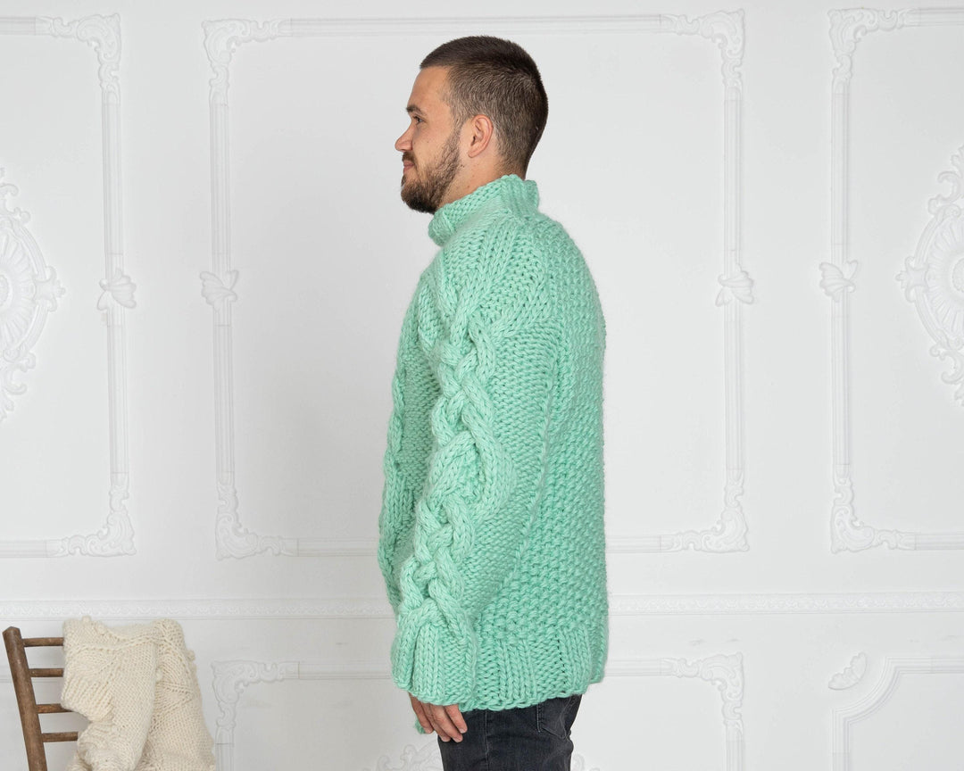 Mint Green Cable Knit Sweater – 3-Strand Hand-Knitted Wool Turtleneck for Men T626M