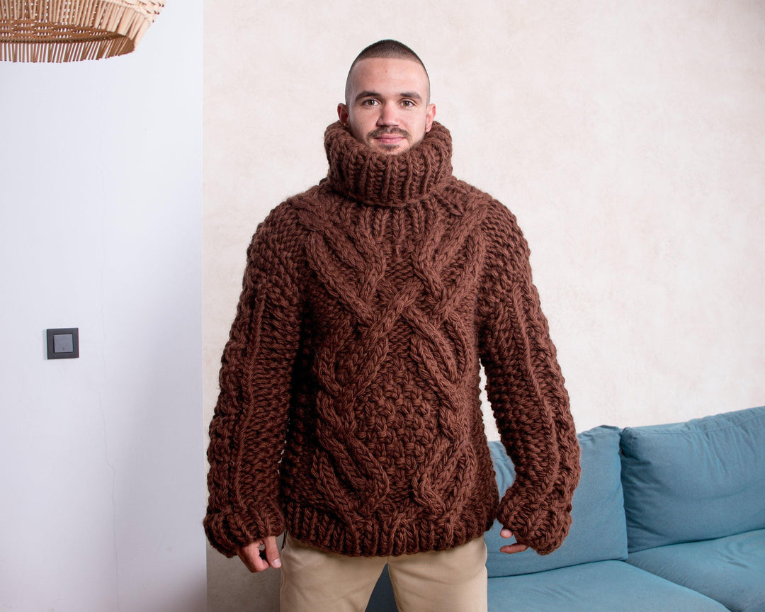 Brown Cable Knit Sweater – Hand-Knitted Cozy Winter Pullover T813M
