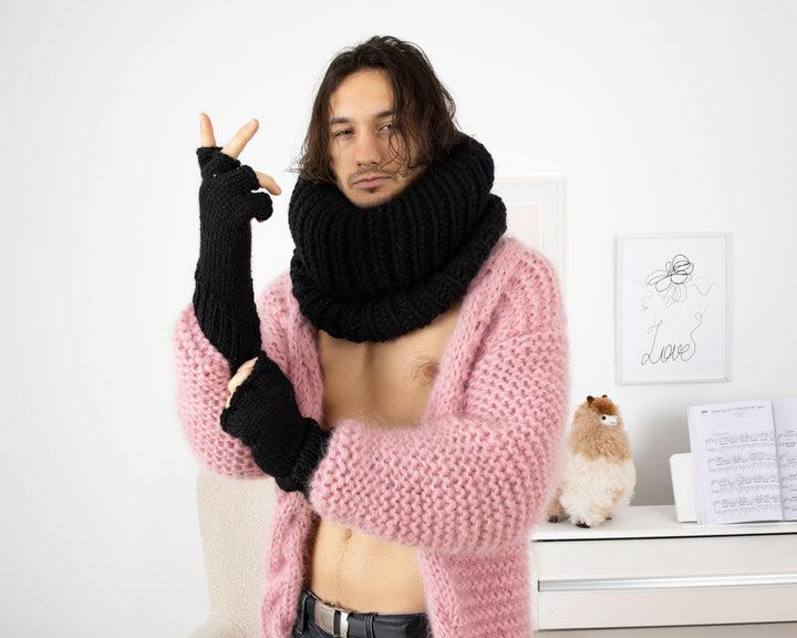 Unisex Wool Scarf – Extra Long 80 cm Ribbed Turtleneck Hand-Knitted Soft Wrap T1348