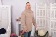 Pull col roulé en maille épaisse beige – Mélange mohair et laine tricoté à la main T704M