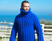 Blue 2-Strand Soft Wool Ribbed 44 cm Turtleneck Sweater T663M