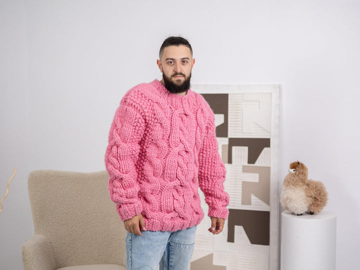 Chunky Pink Wool Sweater – 5-Strand Thick Hand-Knitted Cable Knit Men’s Jumper T1665