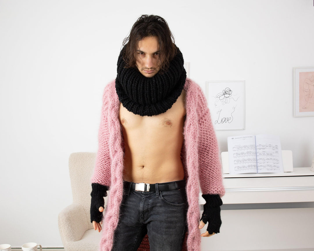 Unisex Wool Scarf – Extra Long 80 cm Ribbed Turtleneck Hand-Knitted Soft Wrap T1348