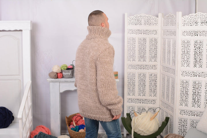 Beige Chunky Knit Sweater – Hand-Knitted Mohair and Wool Blend Turtleneck T704M