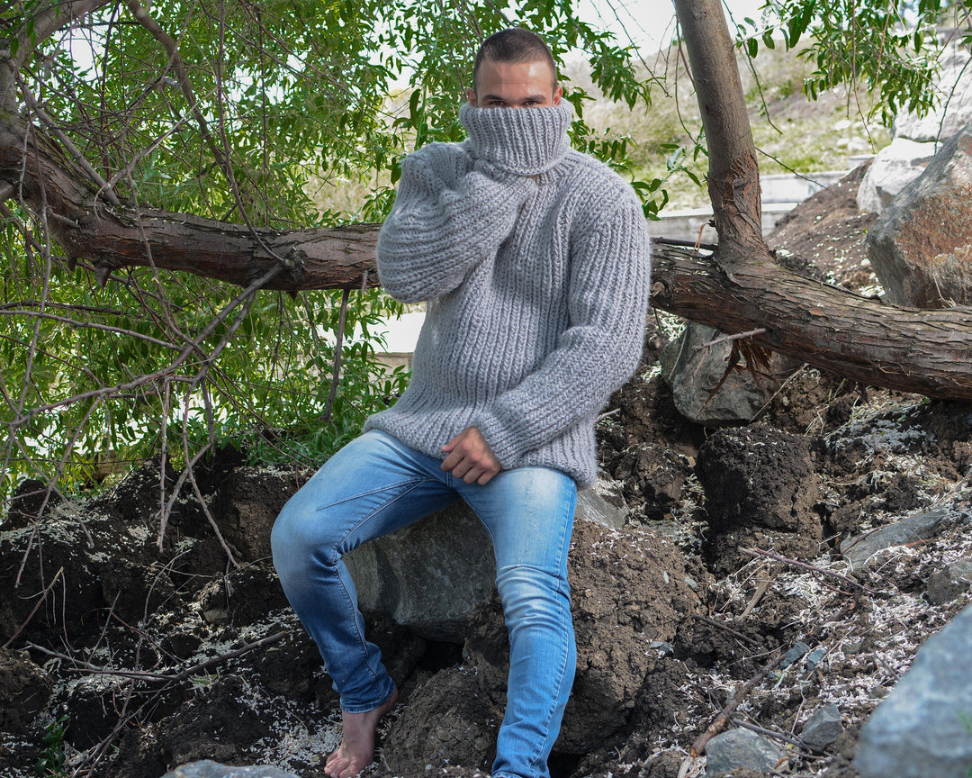 Gray Wool Sweater – Hand-Knitted Ribbed Fisherman Style Warm Jumper T782M