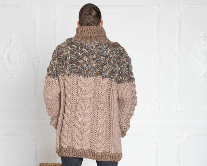 Hand-Knitted 5-Strand Melange Wool Sweater – Chunky Cable Knit Oversized Pullover T631M