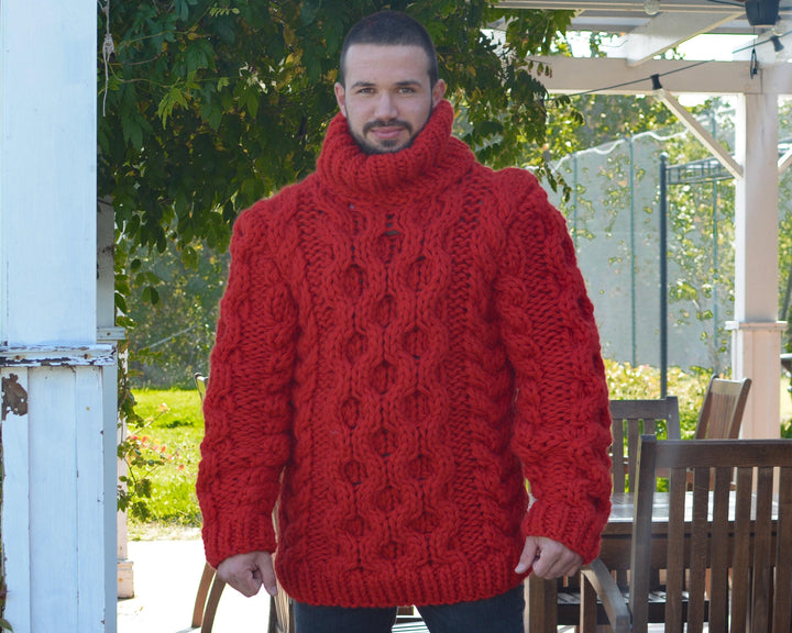 Loose Fit Chunky Knit Sweater – Red Oversized Women’s Pullover Tunic T659M
