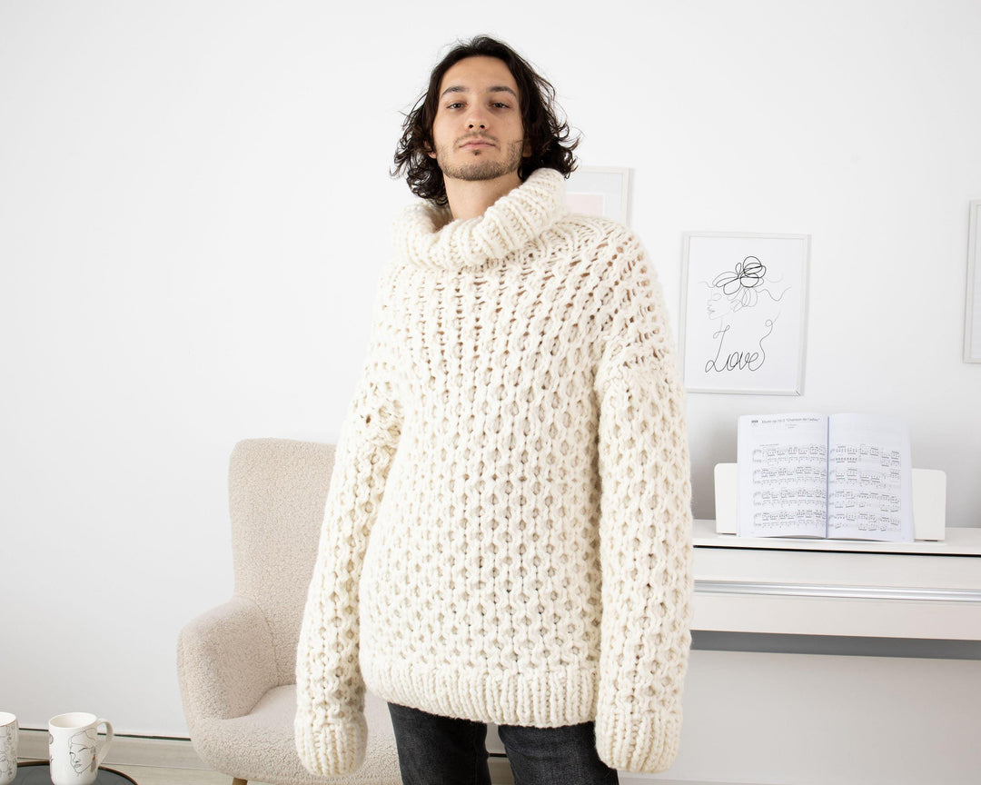 Chunky Hand-Knitted Baby Alpaca Sweater – Extra Soft Honeycomb Jumper T1339