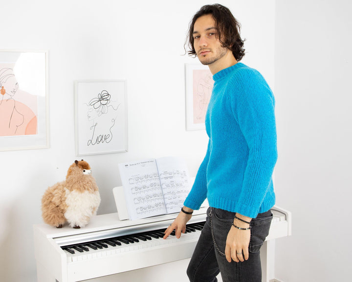 Hand-Knitted Soft Merino Wool Sweater – Blue Men’s Jumper T1330