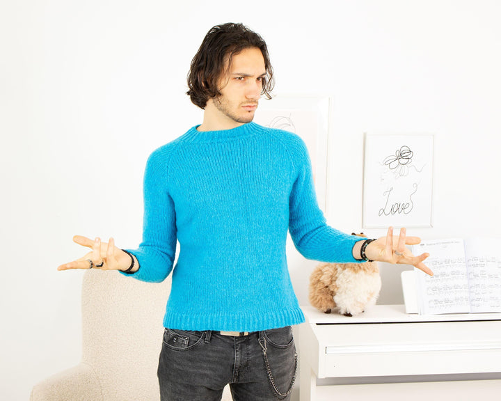 Hand-Knitted Soft Merino Wool Sweater – Blue Men’s Jumper T1330