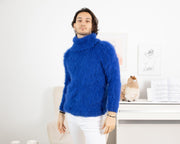 Fluffy Suri Alpaca Sweater – Hand-Knitted Fuzzy Jumper from Long-Haired Yarn T1326