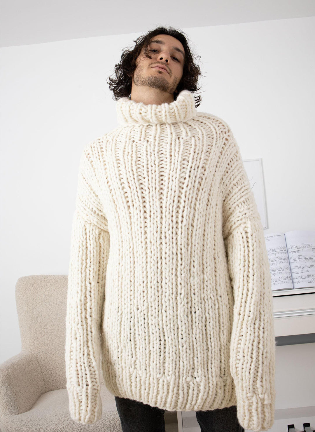 Chunky Hand-Knitted Baby Alpaca Sweater – Extra Soft Ribbed Jumper T1340