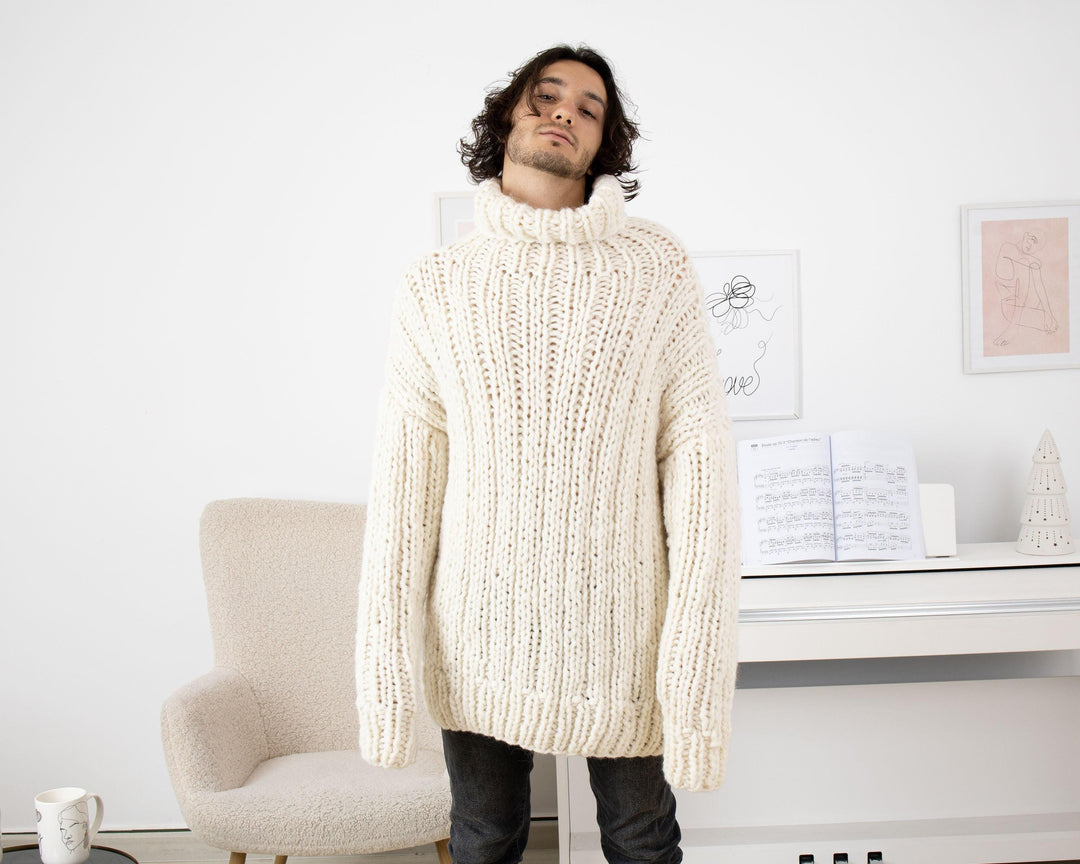 Chunky Hand-Knitted Baby Alpaca Sweater – Extra Soft Ribbed Jumper T1340