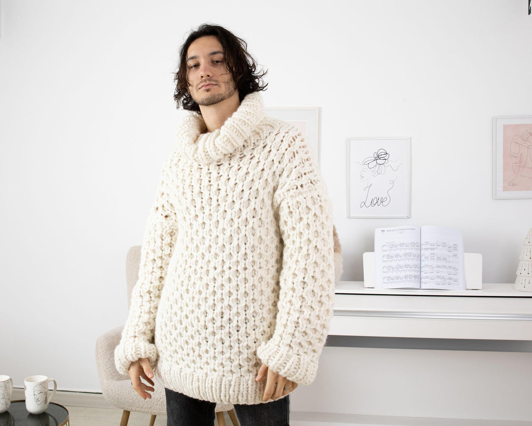 Chunky Hand-Knitted Baby Alpaca Sweater – Extra Soft Honeycomb Jumper T1339