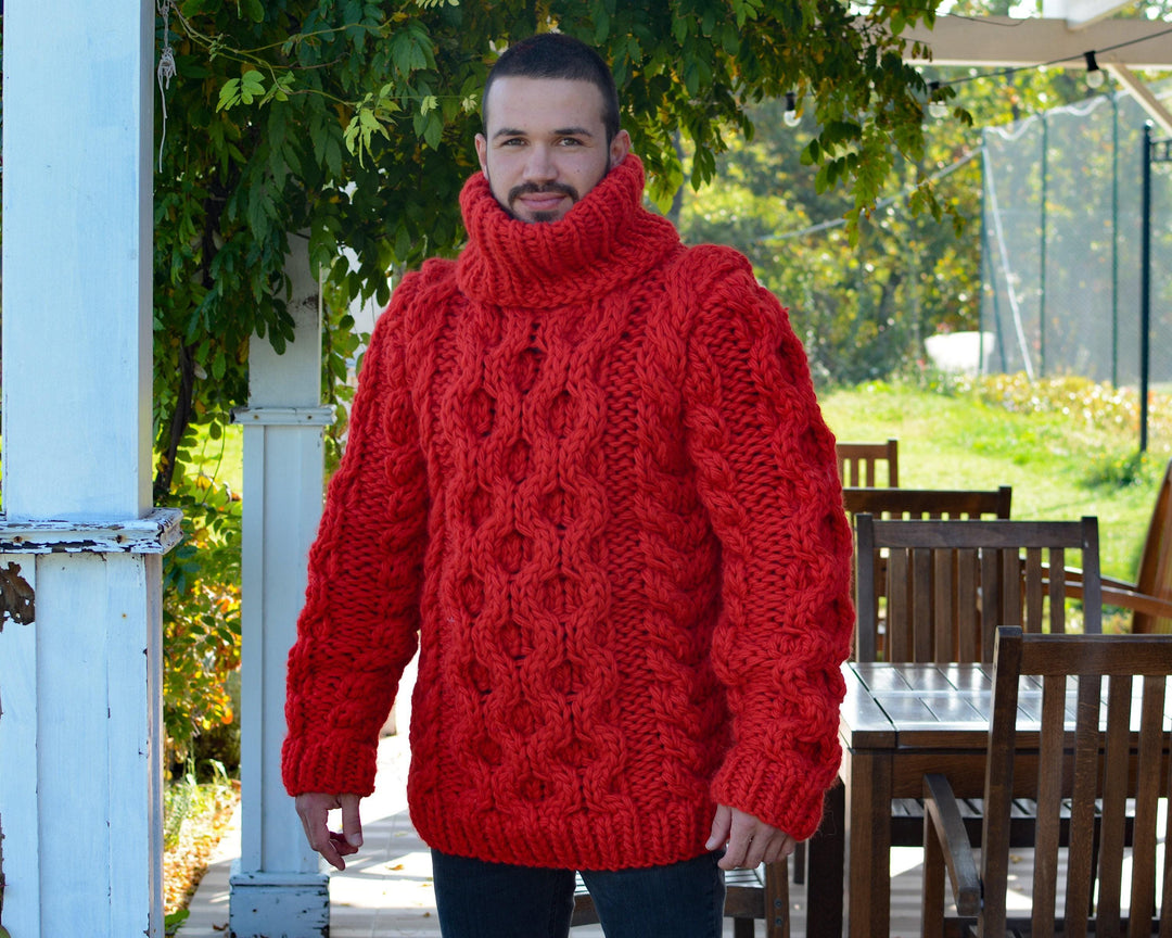 Loose Fit Chunky Knit Sweater – Red Oversized Women’s Pullover Tunic T659M