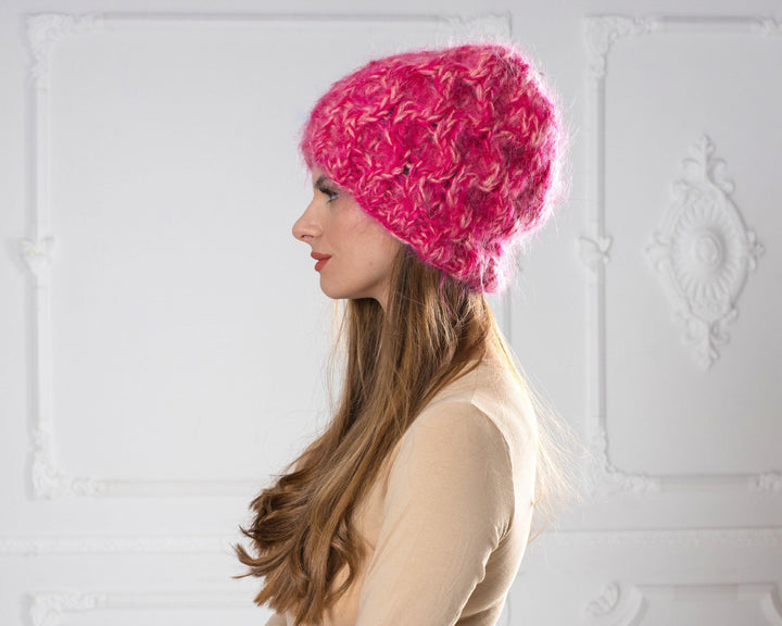 Pink Melange Mohair Hat – Hand Knitted 4-Strand Cable Knit Fluffy Beanie T1002