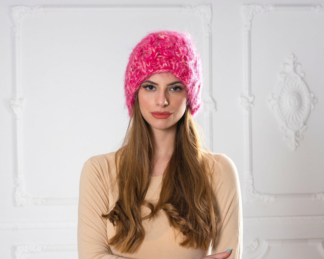 Pink Melange Mohair Hat – Hand Knitted 4-Strand Cable Knit Fluffy Beanie T1002