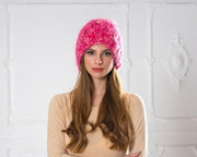 Pink Melange Mohairmütze – Handgestrickte 4-Faden Zopfstrick Flauschige Beanie T1002