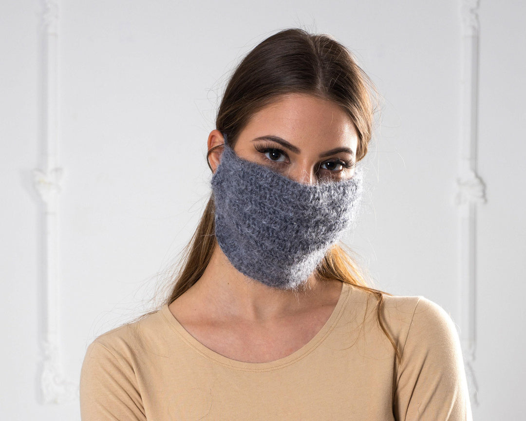 Crochet Mohair Face Mask Cover – Hand Knitted Fluffy Reusable Face Warmer T1018