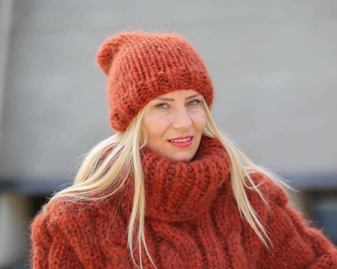 Chunky Mohair Alpaca Hat – Hand Knitted Orange Beanie, Soft Winter Hat T1490