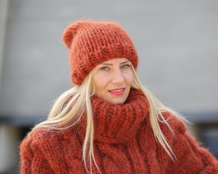Chunky Mohair Alpaca Hat – Hand Knitted Orange Beanie, Soft Winter Hat T1490