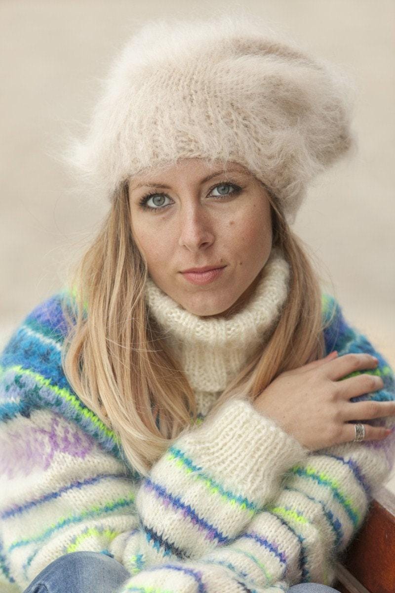 Beige Mohair Hat – Hand Knitted Fluffy Slouchy Beanie Balaclava T492