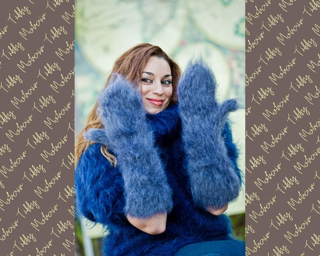 Blue Mohair Mittens – Hand Knitted Fluffy Soft Winter Gloves T191