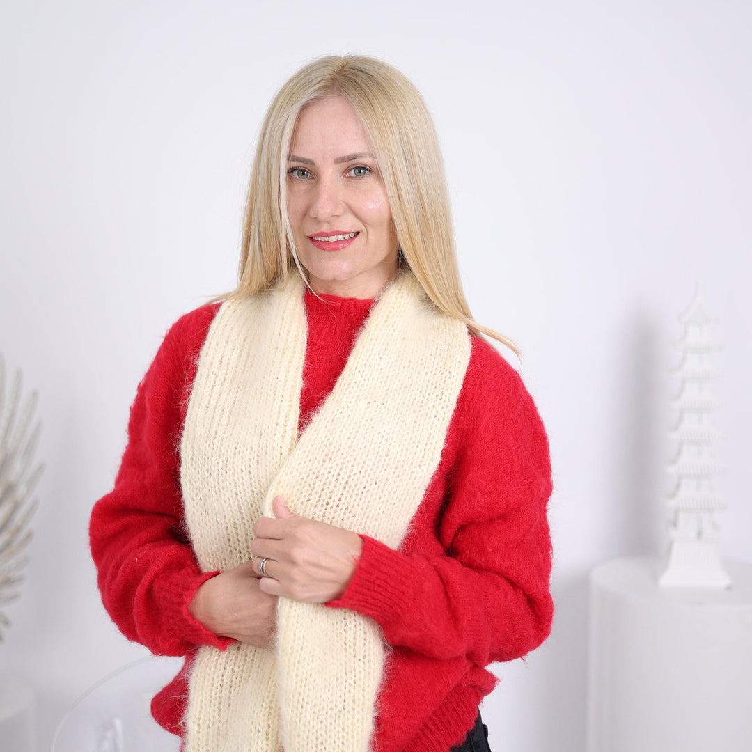 Cream Mohair Scarf – Hand Knitted Soft Fluffy Shawl, Long Cozy Wrap T1635