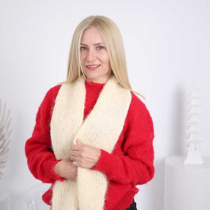 Cream Mohair Scarf – Hand Knitted Soft Fluffy Shawl, Long Cozy Wrap T1635