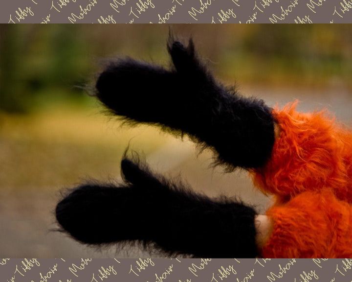 Black Mohair Mittens – Hand Knitted Fluffy Soft Winter Gloves T191b