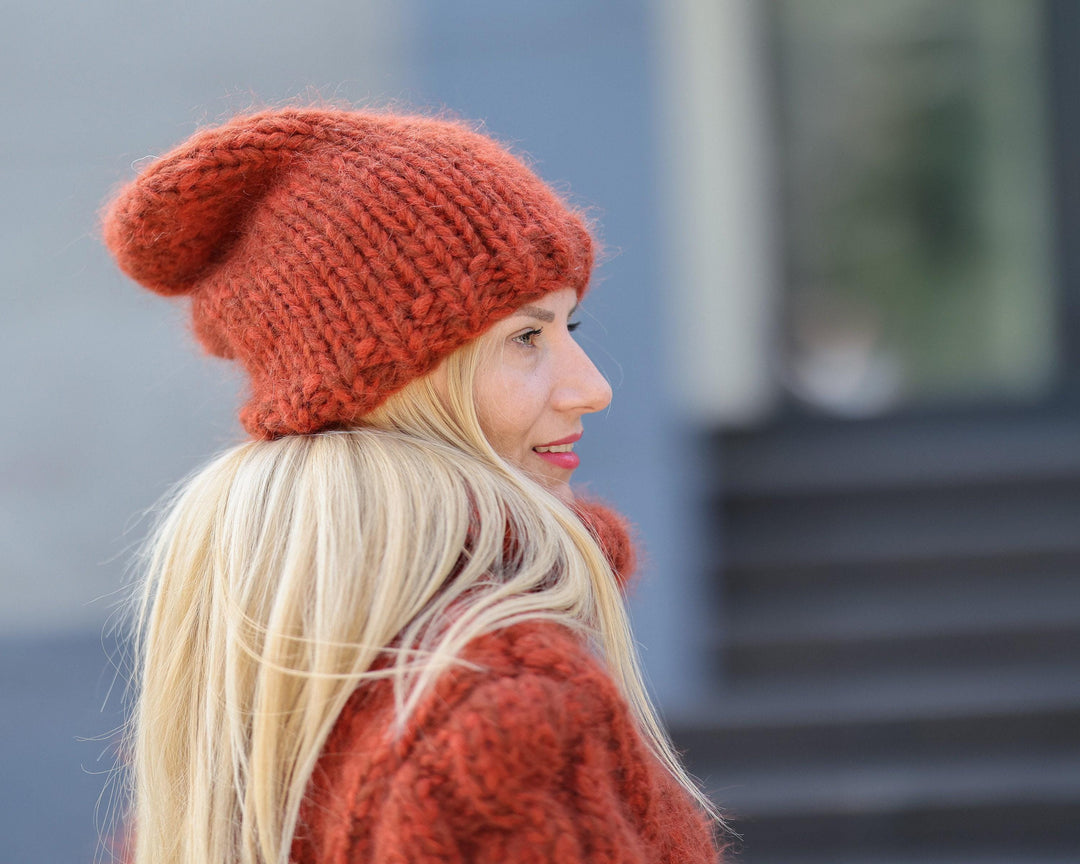 Chunky Mohair Alpaca Hat – Hand Knitted Orange Beanie, Soft Winter Hat T1490
