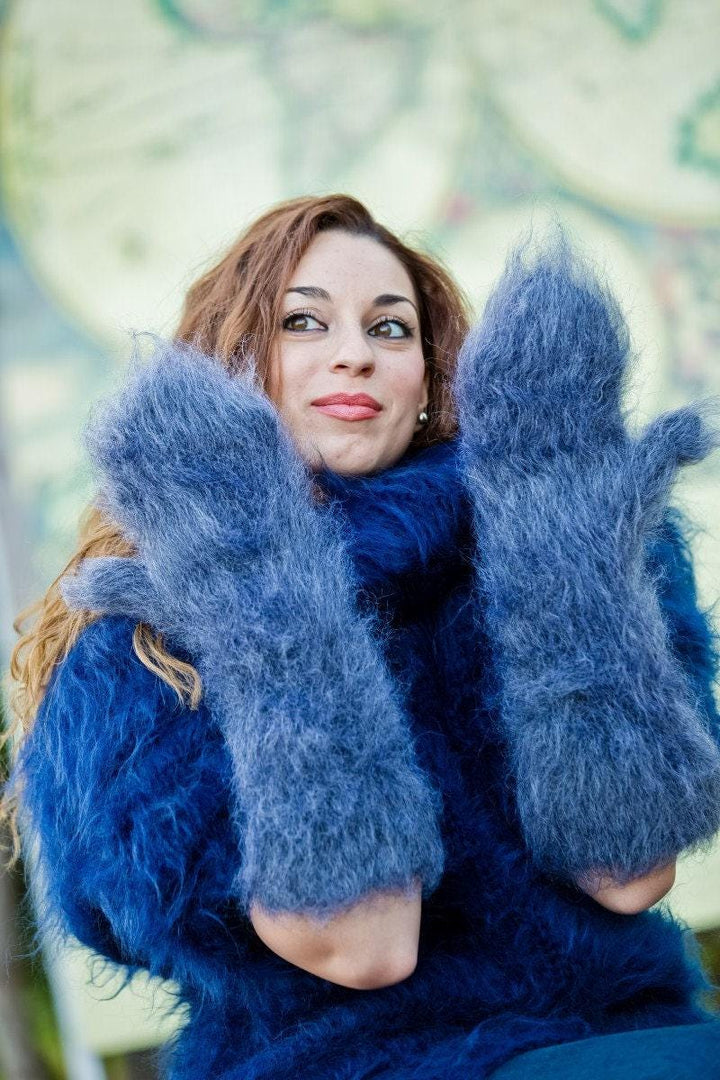 Blue Mohair Mittens – Hand Knitted Fluffy Soft Winter Gloves T191