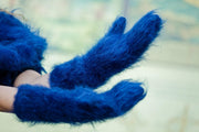 Mitaines en mohair bleu – Gants d'hiver doux et moelleux tricotés à la main T191a