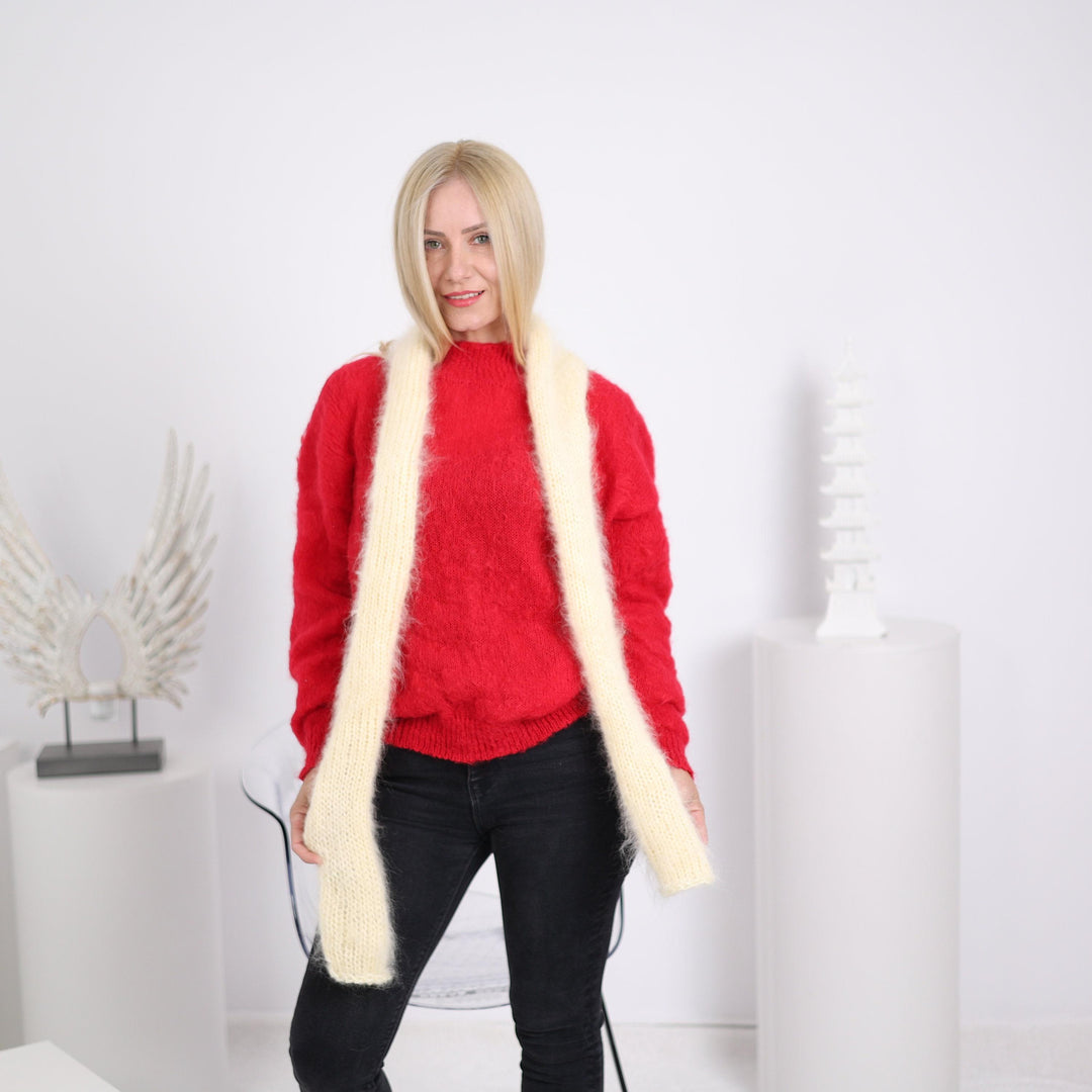 Cream Mohair Scarf – Hand Knitted Soft Fluffy Shawl, Long Cozy Wrap T1635