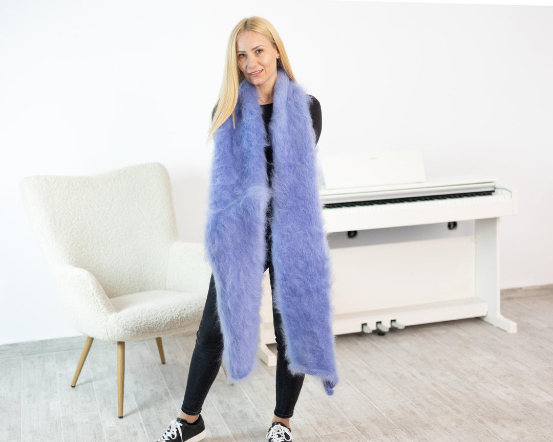 Blue Brushed Mohair Scarf – Hand Knitted Fluffy Shawl, Soft Long Fuzzy Wrap T1530