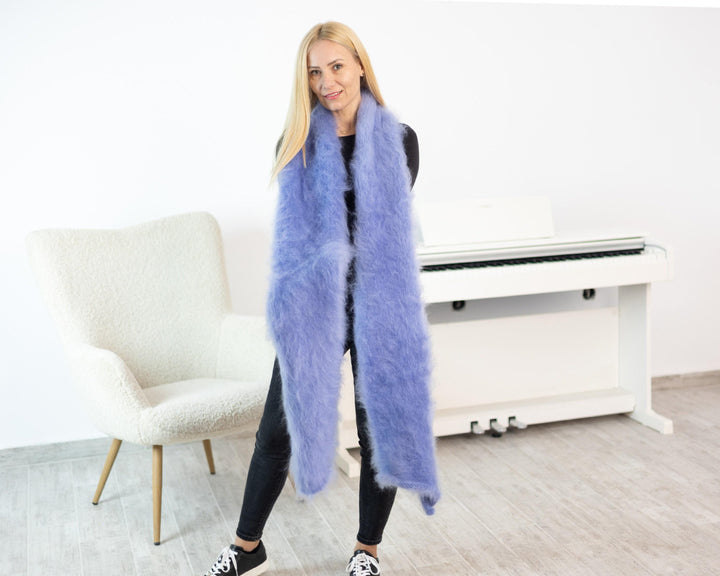 Blue Brushed Mohair Scarf – Hand Knitted Fluffy Shawl, Soft Long Fuzzy Wrap T1530