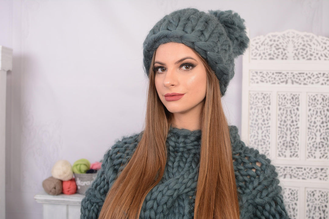 Blue Merino Wool Hat – Hand Knitted Super Chunky Winter Beanie T728