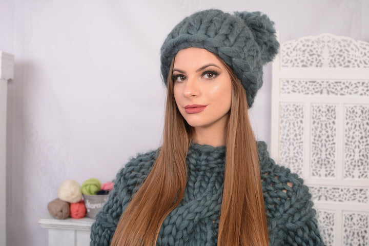 Blue Merino Wool Hat – Hand Knitted Super Chunky Winter Beanie T728
