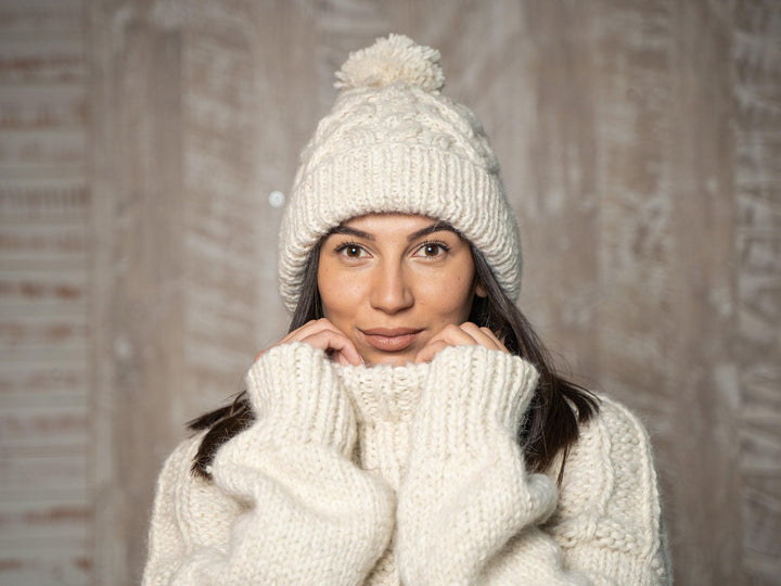 Chunky Cream Alpaca Hat – Hand Knitted Soft Winter Beanie T1149