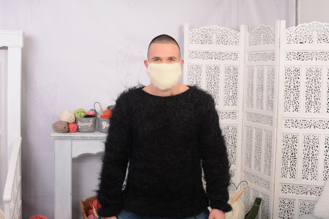 Crochet Mohair Face Mask Cover – Hand Knitted Fluffy Reusable Warmer T734A