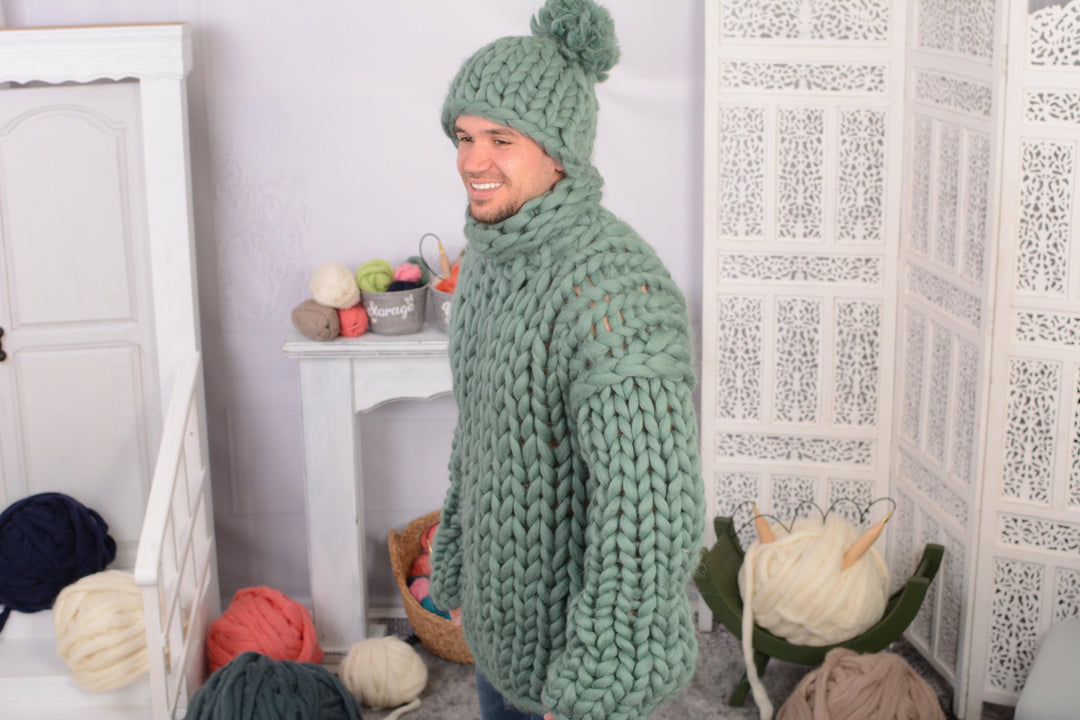 Green Merino Wool Hat – Hand Knitted Chunky Beanie with Pom Pom T739