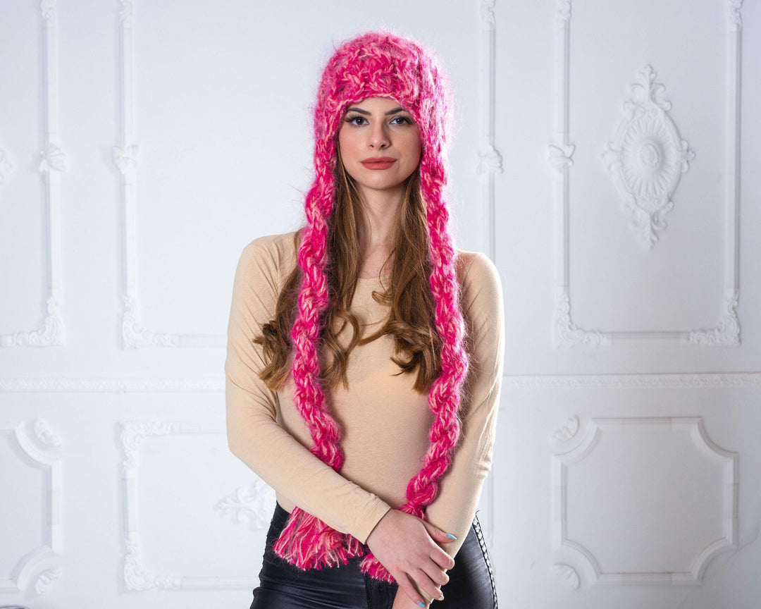 Pink Mohair Cable Knit Hat, Braided Slouchy Beanie