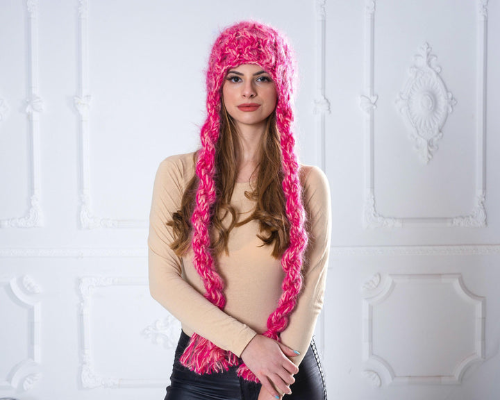 Pink Mohair Cable Knit Hat, Braided Slouchy Beanie
