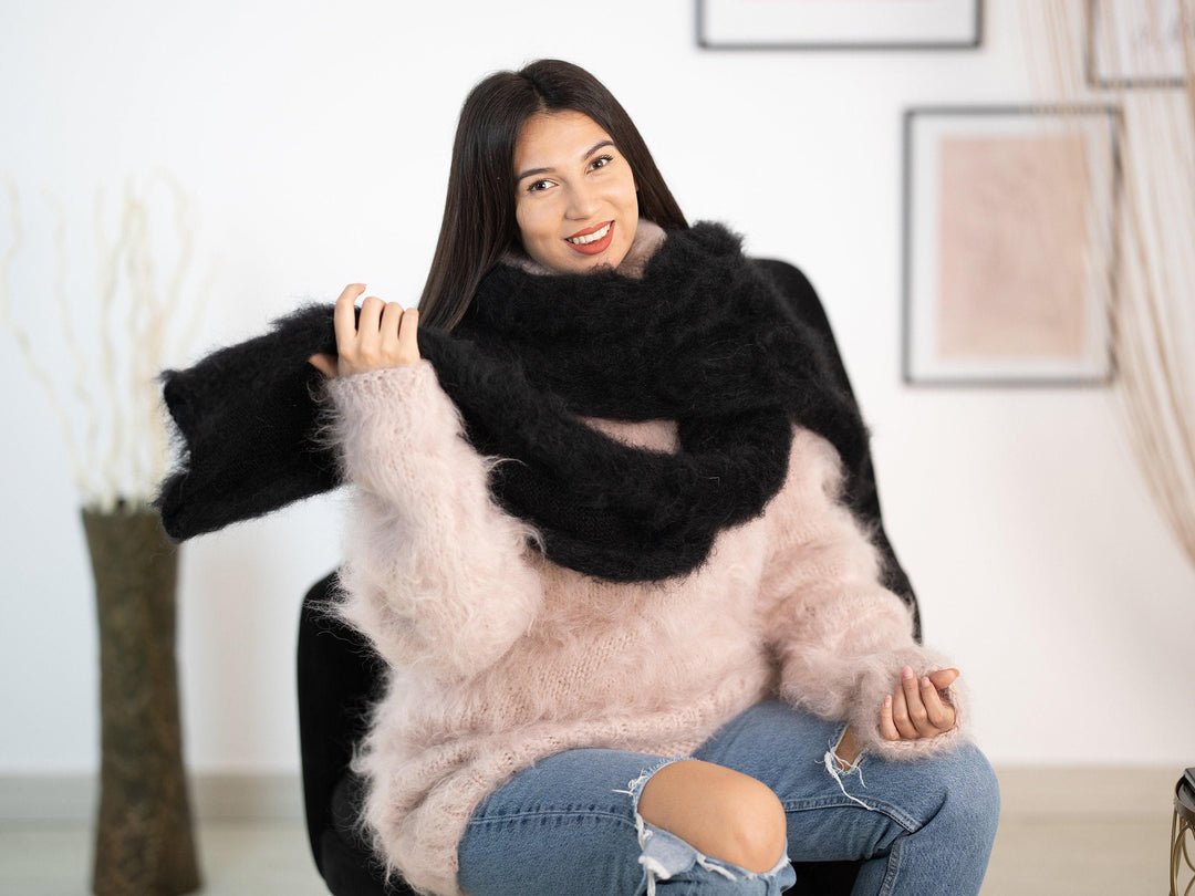 Black Mohair Scarf – Hand Knitted Fluffy Shawl, Long Fuzzy Wrap T1172