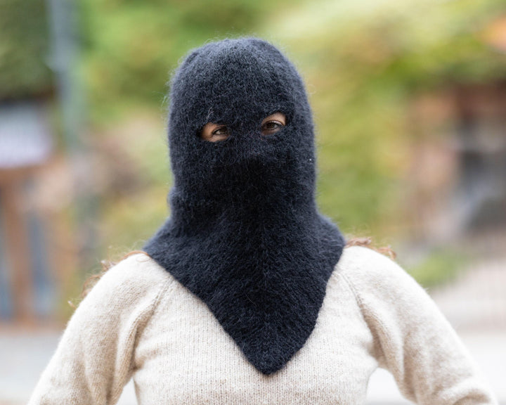 Black Mohair Balaclava – Hand Knitted Fluffy Slouchy Beanie Winter Hat T1506